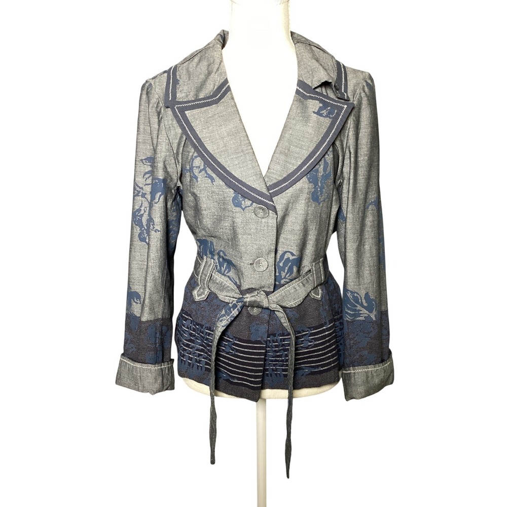 Coldwater Creek Blazer P12 Gray Blue Floral Cotton Belted Jacket Boho Petite